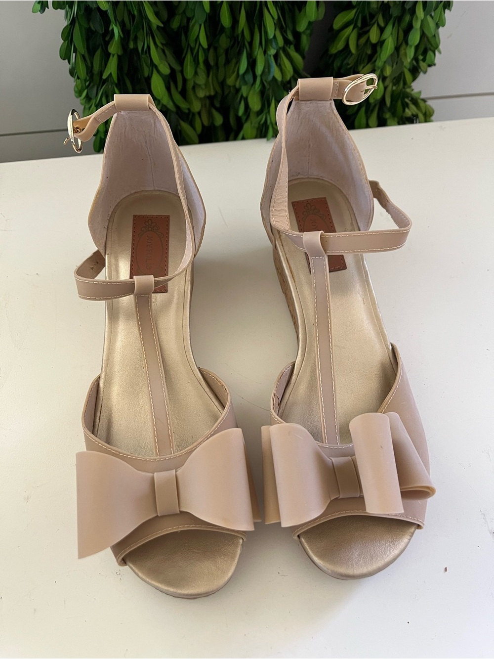 Joyfolie Blush Bow T-Strap Wedge Sandals
